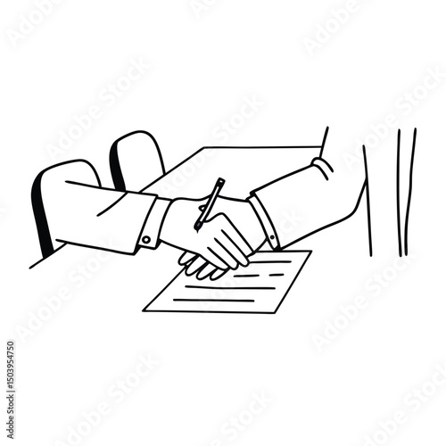 Business agreement handshake and signature outline illustration contract signing minimalist design
