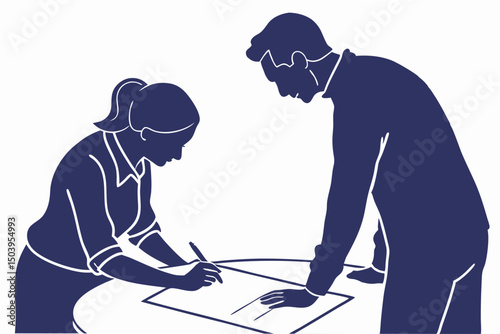 Business meeting silhouette woman signing contract man reviewing documents negotiation collaboration