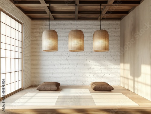 Serene minimalist room with white brick wall, wood flooring, tatami mats, three pendant lights, and shoji window
