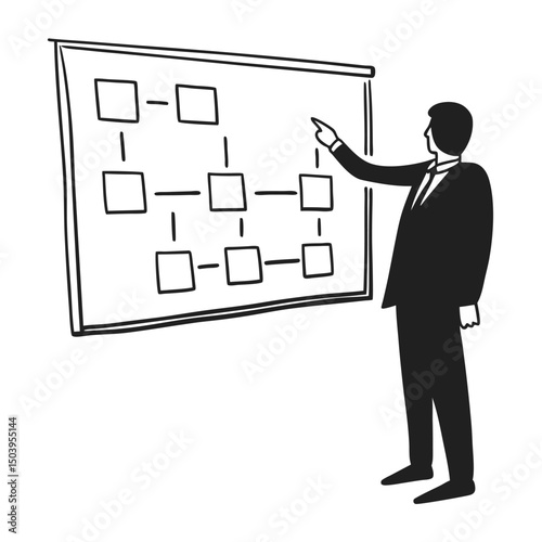 Business presentation with flowchart graphic on whiteboard by man in suit