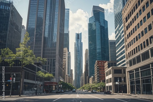 Urban Cityscape: Street-Level View of Towering Skyscrapers in a Business District