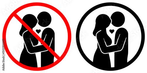 Φωτογραφία Two icons: one in a black circle showing two people being affectionate, and one in a red circle with a slash indicating that public displays of affection or dating are not allowed here