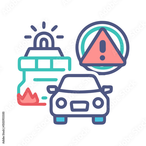Car with warning sign and police light in modern flat design style
