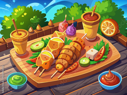 vector of Summer street food: tasty battered kebabs on a wooden board