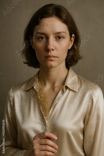 Young caucasian female holding dried grass in silk shirt against neutral background