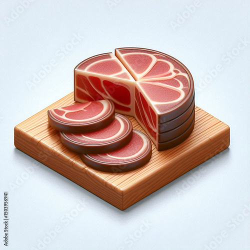 Sliced meat on a wooden board in a realistic style with light background