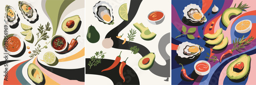 Three adjacent food-themed artworks featuring oysters, avocados, and sauces with varying color palettes and stylized backgrounds.