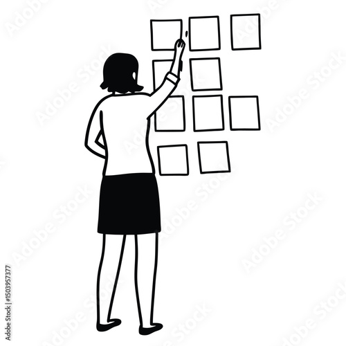 Woman planning task on board using sticky notes vector illustration