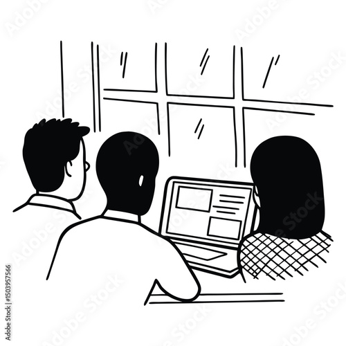 Business colleagues collaborating together using a laptop black and white line art