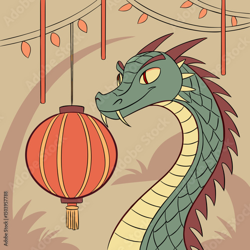 Celebrate the Lunar New Year with this vibrant digital artwork featuring a majestic Zodiac Dragon coiled around a glowing red lantern, symbolizing prosperity and tradition.