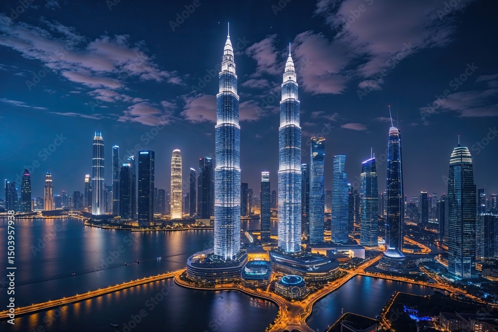 Fototapeta premium Stunning Night Skyline Showcasing Innovative Architecture and Vibrant City Lights