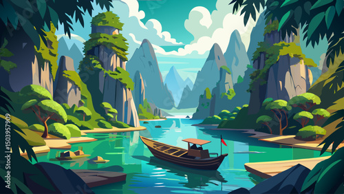 Serene boat ride through Khao Sok’s emerald lake, flanked by giant limestone mountains and tropical foliage