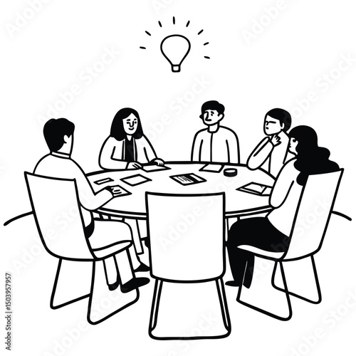 Business team brainstorming around a round table with a bright idea lightbulb