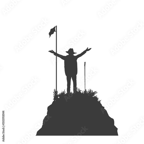 silhouette of a climber reaching the summit standing raising his hands as a sign of success without a background