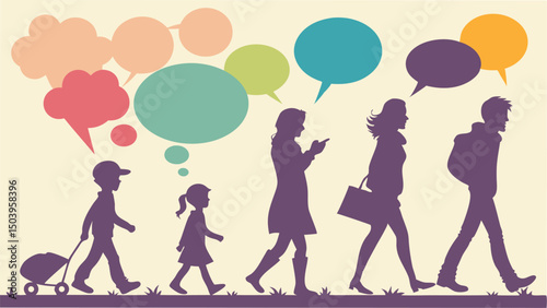 Family walking with speech bubbles communication concept illustration graphic resource