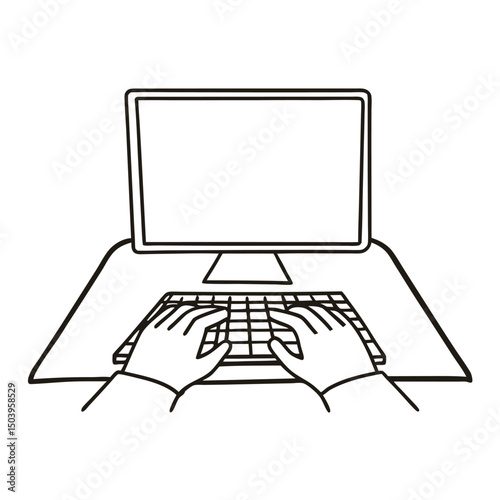 Hands typing on computer keyboard minimalist line art illustration design