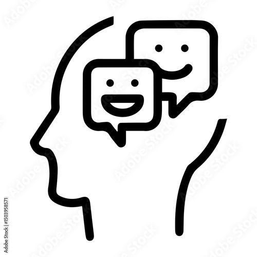 Human head in profile, with two chat bubbles inside (outline style). One bubble contains a smiling face, and the other contains a laughing face, symbolizing communication, thoughts, and inner dialogue