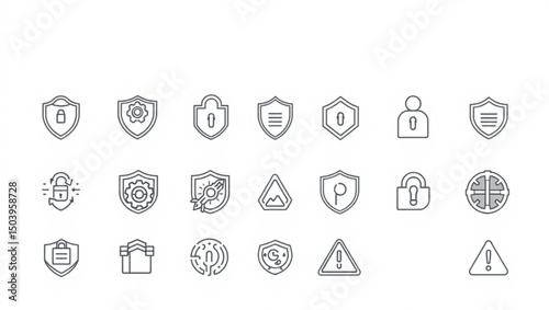 Collection of security icons featuring shields, locks, and warning signs in a minimalist line art style created with generated ai
