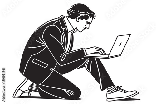 Man in suit kneeling and using laptop in minimalist vector illustration