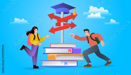 Students choosing a future path after graduation. Young graduates with books and a direction signpost making a decision on career or university. Vector illustration for education and life choices.