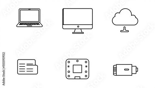 A collection of line art icons depicting technology and electronic components in a simple style created with generated ai