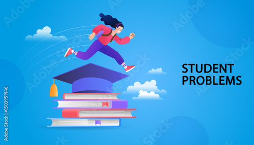 Boy and educational goals. Vector of a little boy climbing up stairs to reach his goal on the top. Starting His Way Up to Academic Cap as Symbol College Graduation.