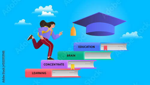A female student with a backpack runs up a staircase of books toward a graduation cap. This illustrates the journey of education, learning, and study for success at a university or college. 