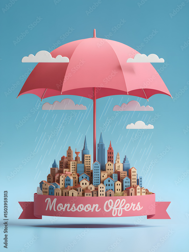 Obraz premium A vibrant cartoon summer holiday poster with an umbrella protecting from a sky of colorful rain clouds