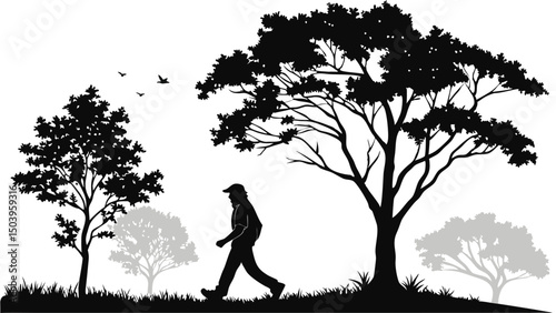 Silhouette of a man walking in nature with trees and birds