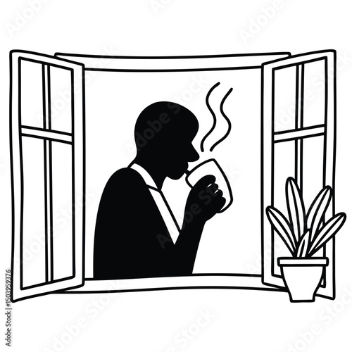 Silhouette of person drinking coffee at window with plant pot vector