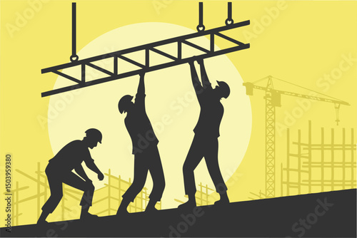 Silhouette of construction workers lifting beam during building project in sunny light