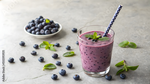 Blueberry Smoothie: A refreshing blueberry smoothie, brimming with vibrant hues, sits invitingly alongside a bowl of plump blueberries and fresh mint leaves, symbolizing a healthy and delicious treat.