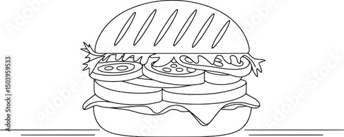 Delicious veggie burger line art illustration