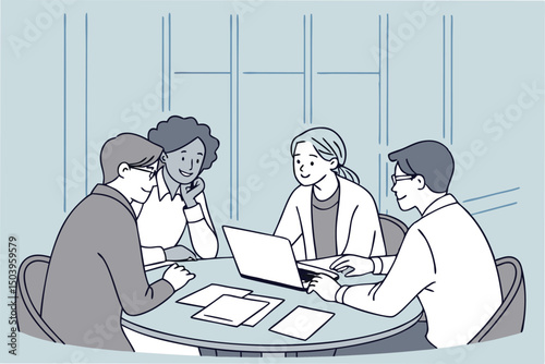 Team meeting collaboration diverse professionals discussing project ideas using laptop vector illustration
