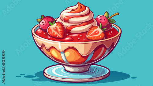 A creamy dessert topped with rich strawberry sauce evokes perfect summer enjoyment. This sweet treat, set on a transparent background, is ideal for vibrant, mouthwatering vector illustrations.