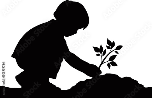 A boy is planting a tree silhouette vector