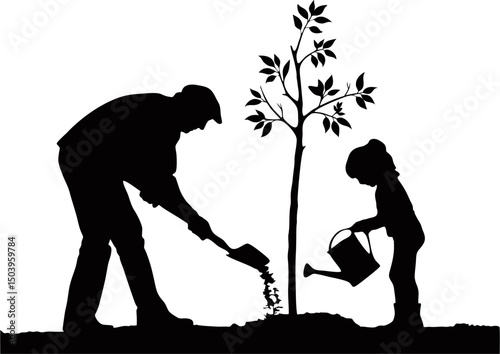 silhouette of a father and daughter is watering the plants