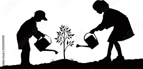 silhouette of a kids is watering the plants