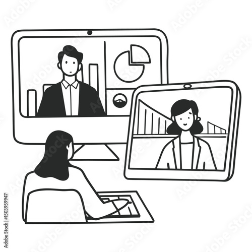 Woman attending virtual business meeting with colleagues on computer and tablet illustration