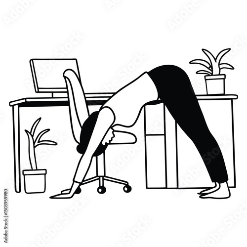 Woman practicing yoga downward dog pose in office black and white illustration