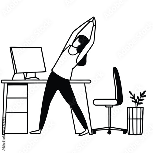 Woman stretching at desk office ergonomics healthy break routine wellness