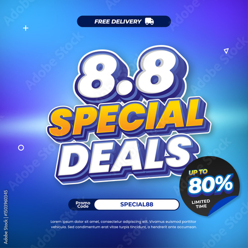 8.8 Special Shopping Sale discount deals with Dynamic mix Blue cyan Purple gradient Editable text memphis style Promotion marketing banner