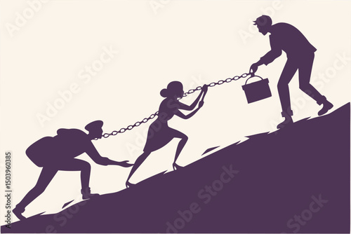 Business team climbing hill chained together burden sharing vector illustration concept