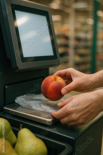 Female hand weighing peach at store self-checkout station with digital display