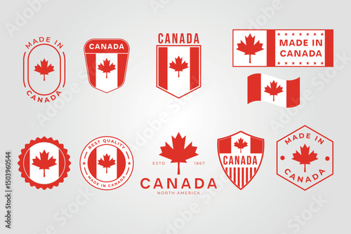 Collection of red Canadian logos and emblems. Suitable for branding, presentations, Canadathemed designs, or patriotic projects with a focus on red tones.