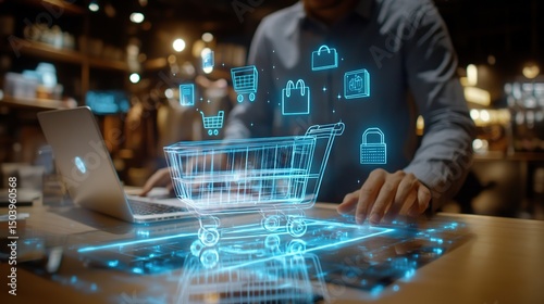 Person Using Laptop with Online Shopping Cart Hologram