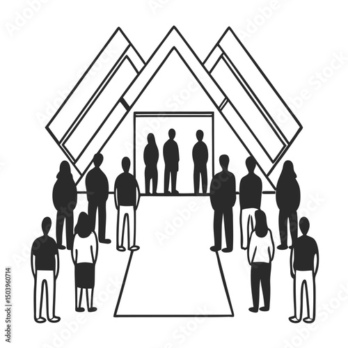 Crowd gathering at modern building black and white vector illustration