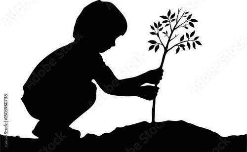 silhouette of a boy is planting a tree