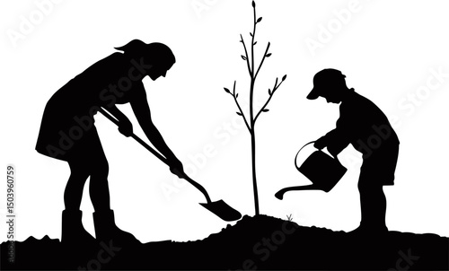 silhouette of a mom and son is watering the plants