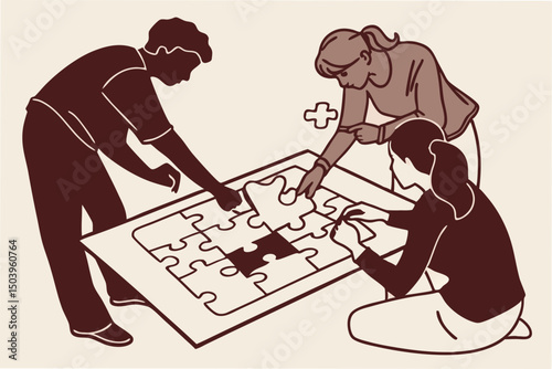 Diverse team solving puzzle together depicting collaboration and problem solving skills